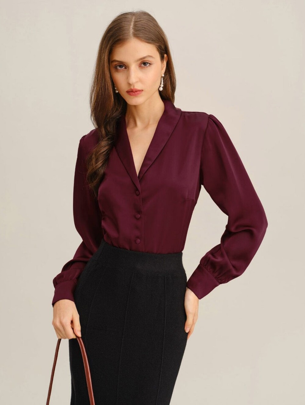 NWT RIHOAS Wine Red Satin Button Shirt